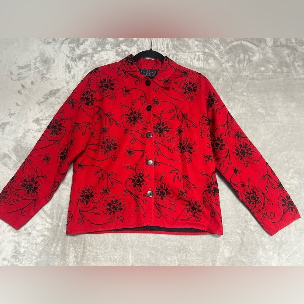 Life Style Linen Cotton Button Up Jacket Women’s Small Petite Red Black Floral